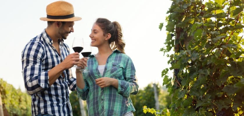 A couple smiles at each other while toasting glasses of wine in a vineyard.
